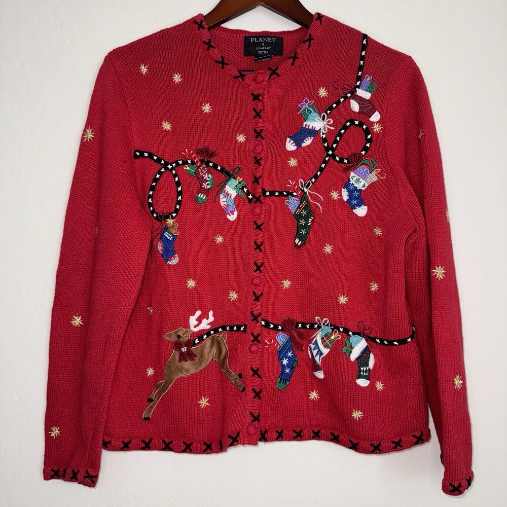 Planet & Company Embroidered Red Christmas Woven Cardigan Holiday Petite Large